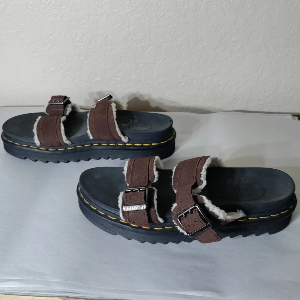 Dr. Martens Myles Faux Fur Lined Brown Suede Platform Slide Sandals Mens 11 L 12